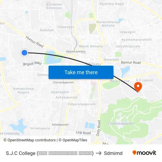 S.J.C College (ಶ್ರೀ ಜಯಚಾಮರಾಜೇಂದ್ರ ಕಾಲೇಜು) to Sdmimd map