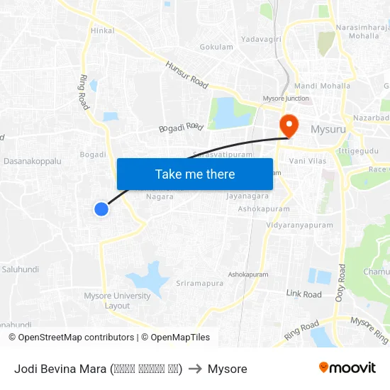 Jodi Bevina Mara (ಜೋಡಿ ಬೇವಿನ ಮರ) to Mysore map