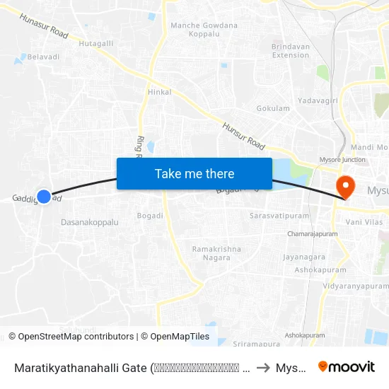 Maratikyathanahalli Gate (ಮಾರತಿಕ್ಯಾತನಹಳ್ಳಿ ಗೇಟ್) to Mysore map
