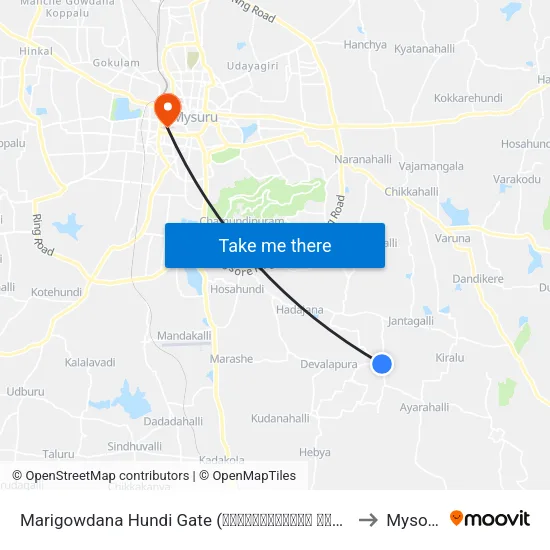 Marigowdana Hundi Gate (ಮರಿಗೌಡನಹುಂಡಿ ಗೇಟ್) to Mysore map