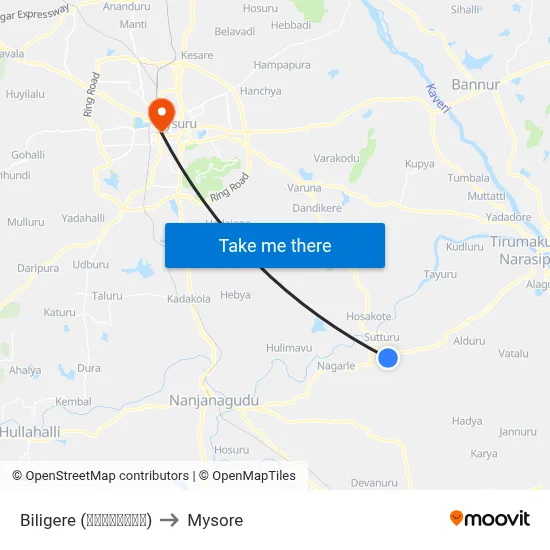 Biligere (ಬಿಳಿಗೆರೆ) to Mysore map