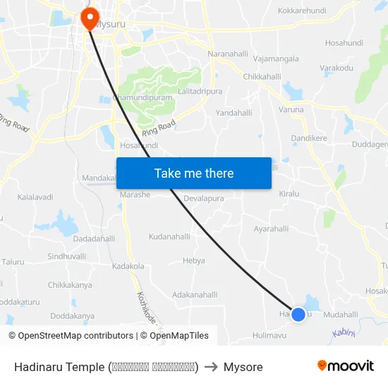 Hadinaru Temple (ಹದಿನಾರು ದೇವಸ್ಥಾನ) to Mysore map