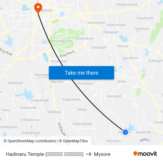 Hadinaru Temple (ಹದಿನಾರು ದೇವಸ್ಥಾನ) to Mysore map