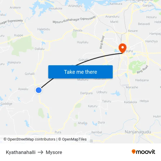 Kyathanahalli to Mysore map