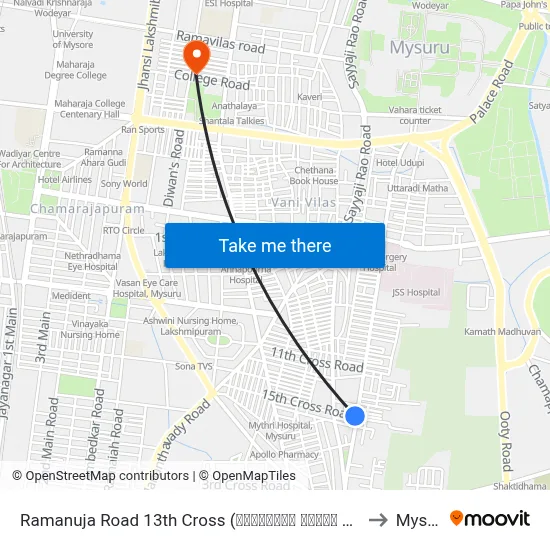 Ramanuja Road 13th Cross (ರಾಮಾನುಜಾ ರಸ್ತೆ 13ನೇ ಕ್ರಾಸ್) to Mysore map