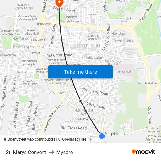 St. Marys Convent to Mysore map