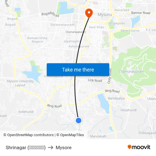 Shrinagar (ಶ್ರೀನಗರ) to Mysore map