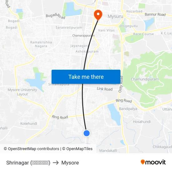 Shrinagar (ಶ್ರೀನಗರ) to Mysore map