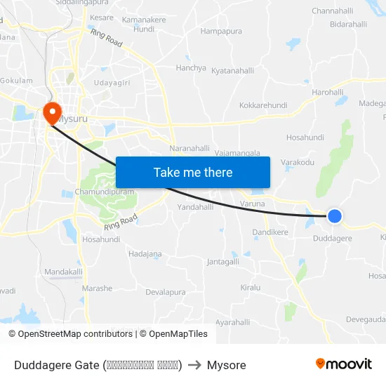 Duddagere Gate (ದುಡ್ಡಗೆರೆ ಗೇಟ್) to Mysore map