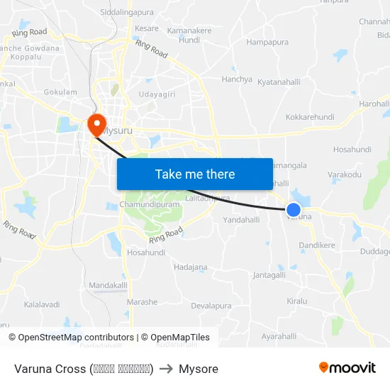 Varuna Cross (ವರುಣ ಕ್ರಾಸ್) to Mysore map