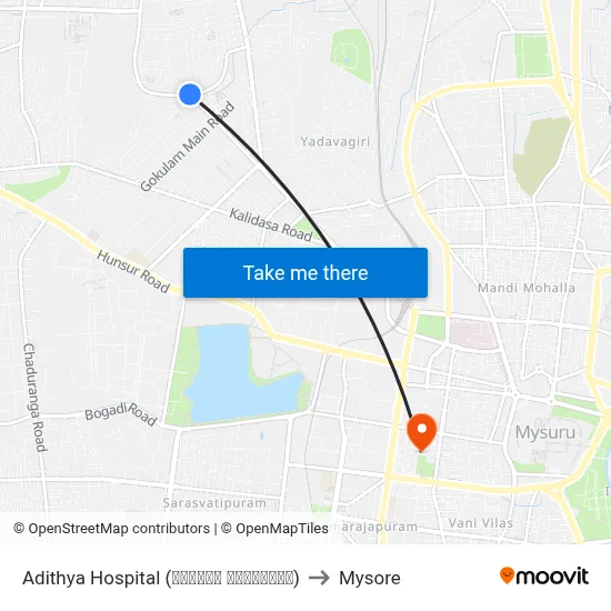 Adithya Hospital (ಆದಿತ್ಯ ಆಸ್ಪತ್ರೆ) to Mysore map
