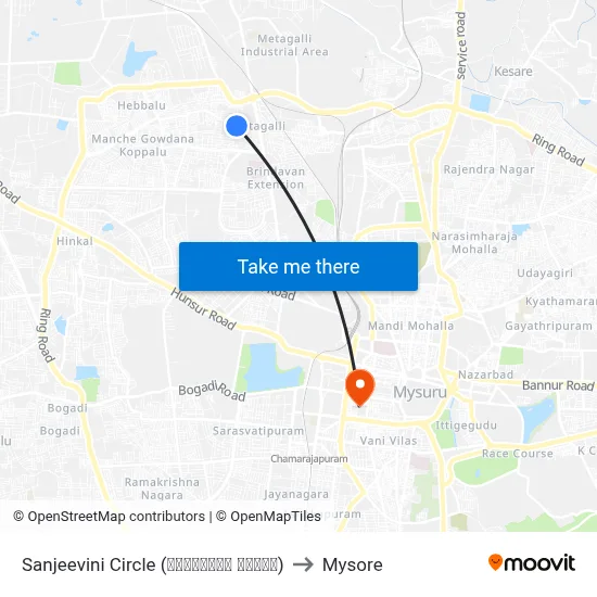 Sanjeevini Circle (ಸಂಜೀವಿನಿ ವೃತ್ತ) to Mysore map