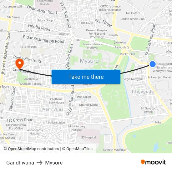 Gandhivana to Mysore map