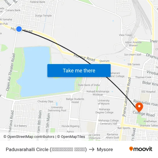 Paduvarahalli Circle (ಪಡುವರಹಳ್ಳಿ ವೃತ್ತ) to Mysore map