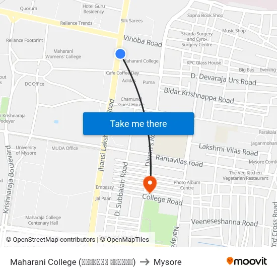 Maharani College (ಮಹಾರಾಣಿ ಕಾಲೇಜು) to Mysore map