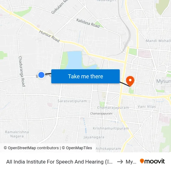 All India Institute For Speech And Hearing (ಅಖಿಲ ಭಾರತ ವಾಕ್‌ ಶ್ರವಣ ಸಂಸ್ಥೆ) to Mysore map
