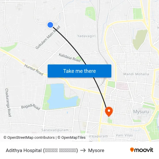 Adithya Hospital (ಆದಿತ್ಯ ಆಸ್ಪತ್ರೆ) to Mysore map