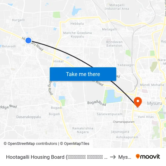 Hootagalli Housing Board (ಹೂಟಗಳ್ಳಿ ಹೌಸಿಂಗ್ ಬೋರ್ಡ್‌) to Mysore map