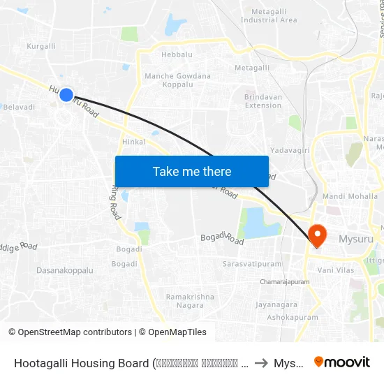 Hootagalli Housing Board (ಹೂಟಗಳ್ಳಿ ಹೌಸಿಂಗ್ ಬೋರ್ಡ್‌) to Mysore map