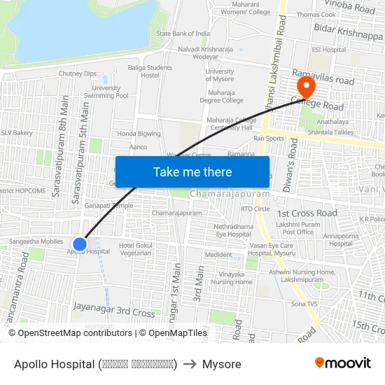 Apollo Hospital (ಅಪೋಲೋ ಆಸ್ಪತ್ರೆ) to Mysore map