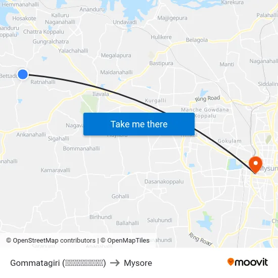 Gommatagiri (ಗೊಮ್ಮಟಗಿರಿ) to Mysore map