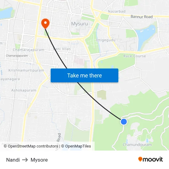 Nandi to Mysore map
