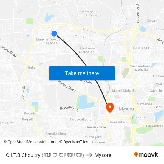 C.I.T.B Choultry (ಸಿ.ಐ.ಟಿ.ಬಿ ಚೌಲ್ಟ್ರಿ) to Mysore map