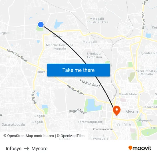 Infosys to Mysore map
