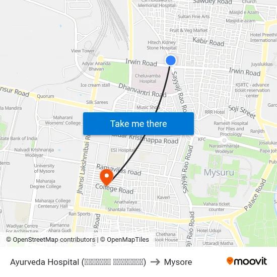 Ayurveda Hospital (ಆಯರ್ವೇದ ಆಸ್ಪತ್ರೆ) to Mysore map