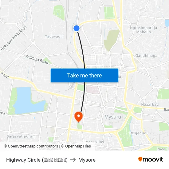 Highway Circle (ಹೈವೇ ವೃತ್ತ) to Mysore map