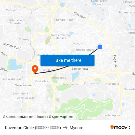 Kuvempu Circle (ಕುವೆಂಪು ವೃತ್ತ) to Mysore map