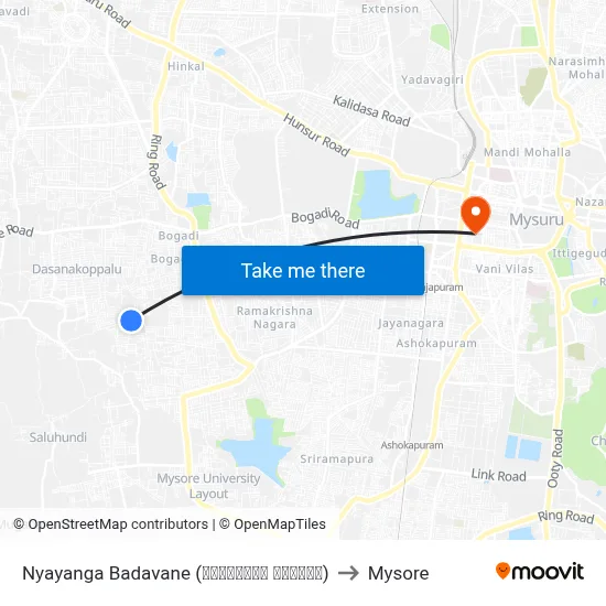 Nyayanga Badavane (ನ್ಯಾಯಾಂಗ ಬಡಾವಣೆ) to Mysore map