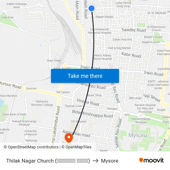 Thilak Nagar Church (ತಿಲಕ್‌ನಗರ ಚರ್ಚ್‌) to Mysore map