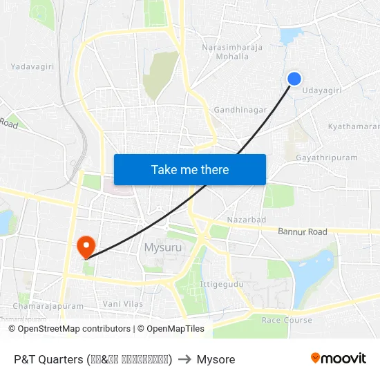 P&T Quarters (ಪಿ&ಟಿ ಕ್ವಾಟರ‍್ಸ್) to Mysore map