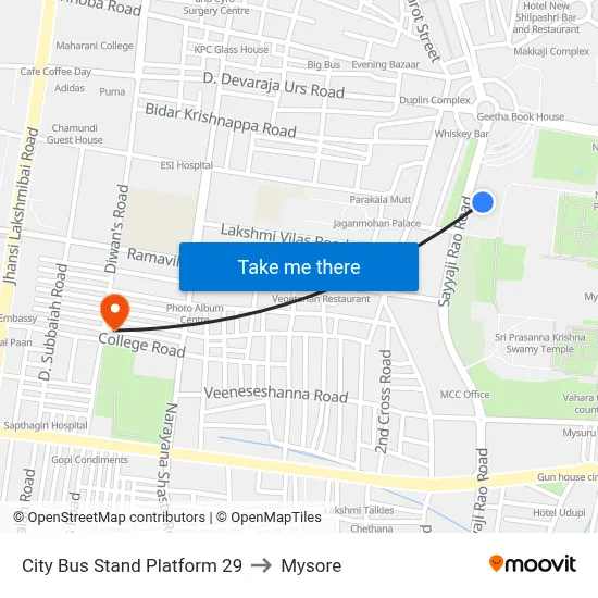 City Bus Stand Platform 29 to Mysore map