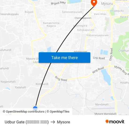 Udbur Gate (ಉದ್ಬೂರು ಗೇಟ್) to Mysore map