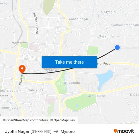 Jyothi Nagar (ಜ್ಯೋತಿ ನಗರ) to Mysore map
