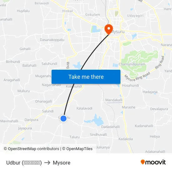 Udbur (ಉದ್ಬೂರು) to Mysore map