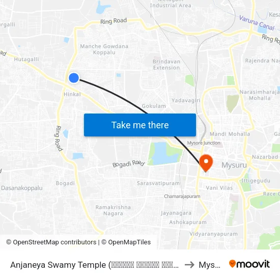 Anjaneya Swamy Temple (ಆಂಜನೇಯ ಸ್ವಾಮಿ ದೇವಸ್ಥಾನ) to Mysore map