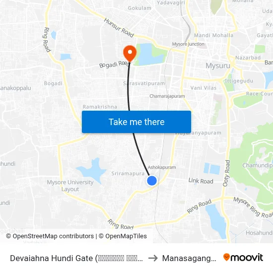 Devaiahna Hundi Gate (ದೇವಯ್ಯನ ಹುಂಡಿ ಗೇಟ್) to Manasagangothri map