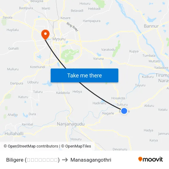 Biligere (ಬಿಳಿಗೆರೆ) to Manasagangothri map