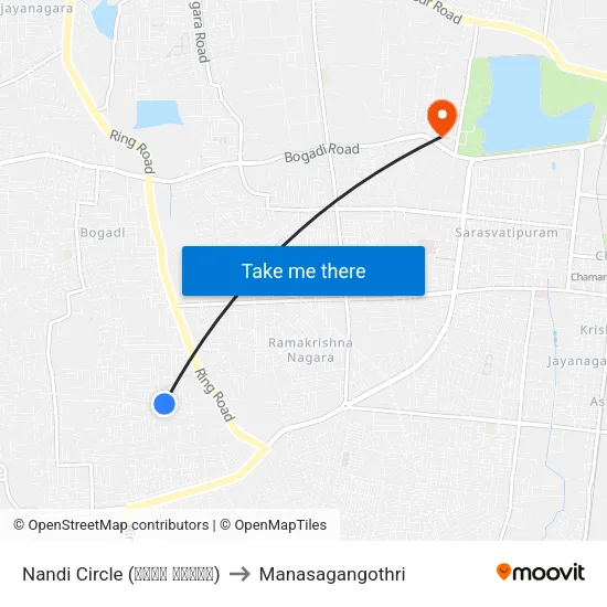 Nandi Circle (ನಂದಿ ವೃತ್ತ) to Manasagangothri map