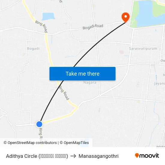 Adithya Circle (ಆದಿತ್ಯ ವೃತ್ತ) to Manasagangothri map