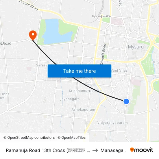 Ramanuja Road 13th Cross (ರಾಮಾನುಜಾ ರಸ್ತೆ 13ನೇ ಕ್ರಾಸ್) to Manasagangothri map