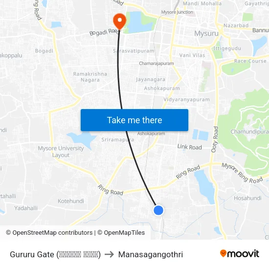 Gururu Gate (ಗುರೂರು ಗೇಟ್) to Manasagangothri map