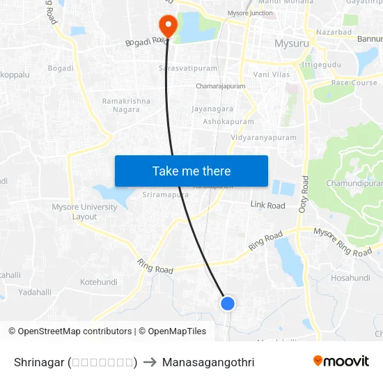 Shrinagar (ಶ್ರೀನಗರ) to Manasagangothri map