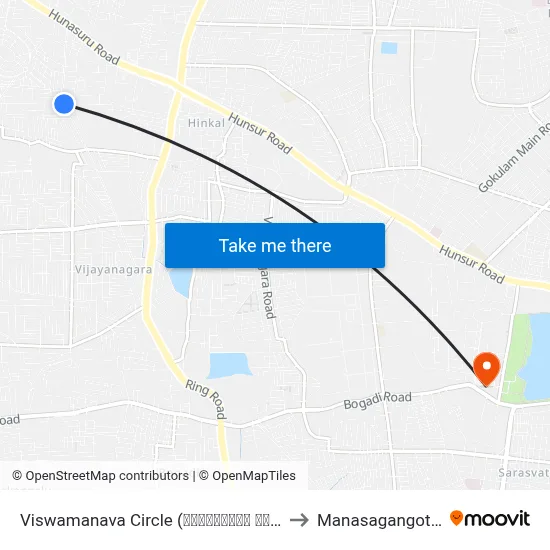 Viswamanava Circle (ವಿಶ್ವಮಾನವ ವೃತ್ತ) to Manasagangothri map