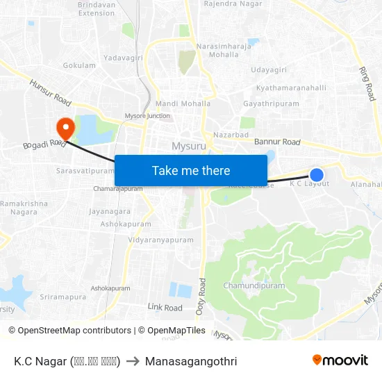 K.C Nagar (ಕೆ.ಸಿ ನಗರ) to Manasagangothri map