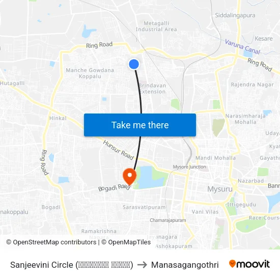 Sanjeevini Circle (ಸಂಜೀವಿನಿ ವೃತ್ತ) to Manasagangothri map