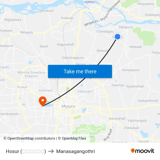 Hosur (ಹೊಸೂರು) to Manasagangothri map